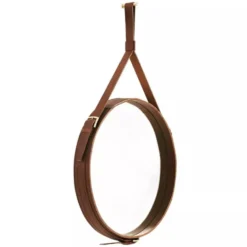 Miroir fait main dans le goût de J. Adnet en cuir végétal tanné marron