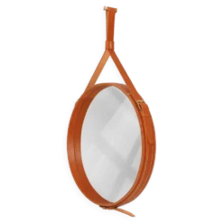 Miroir fait main de style J. Adnet en cuir tanné végétal de couleur tan, ø 45 cm