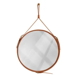 Miroir fait main de style J. Adnet en cuir tanné végétal de couleur tan, ø 45 cm
