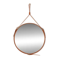 Miroir fait main de style J. Adnet en cuir tanné végétal de couleur tan, ø 45 cm