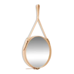 Miroir fait main de style J. Adnet en cuir végétal tanné naturel, ø 58 cm