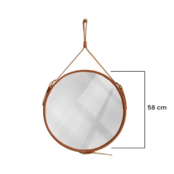 Miroir fait main de style J. Adnet en cuir végétal tanné couleur tan, ø58 cm