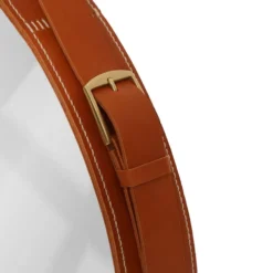 Miroir fait main de style J. Adnet en cuir végétal tanné couleur tan, ø58 cm