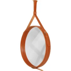 Miroir fait main de style J. Adnet en cuir végétal tanné couleur tan, ø58 cm