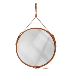 Miroir fait main de style J. Adnet en cuir tanné végétal de couleur tan, ø 70 cm