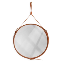 Miroir fait main de style J. Adnet en cuir tanné végétal de couleur tan, ø 70 cm