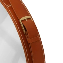 Miroir fait main de style J. Adnet en cuir tanné végétal de couleur tan, ø 70 cm