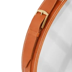 Miroir fait main de style J. Adnet en cuir tanné végétal de couleur tan, ø 70 cm