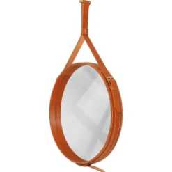 Miroir fait main de style J. Adnet en cuir tanné végétal de couleur tan, ø 70 cm