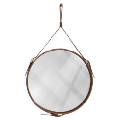 Miroir fait main de style J. Adnet en cuir végétal tanné marron, ø 45 cm