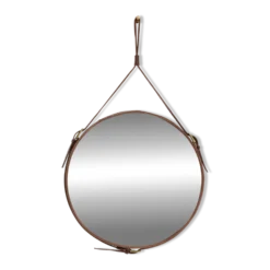 Miroir fait main de style J. Adnet en cuir végétal tanné marron, ø 45 cm