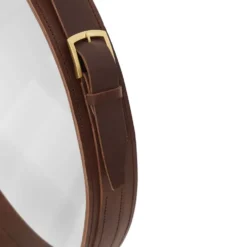 Miroir fait main de style J. Adnet en cuir végétal tanné marron, ø 45 cm