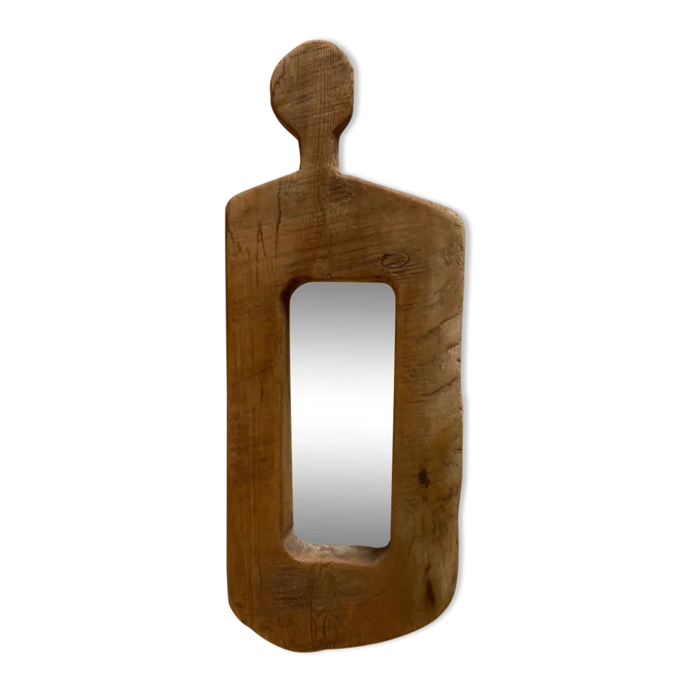 Miroir forme cubiste en bois brut Formentera 1970
