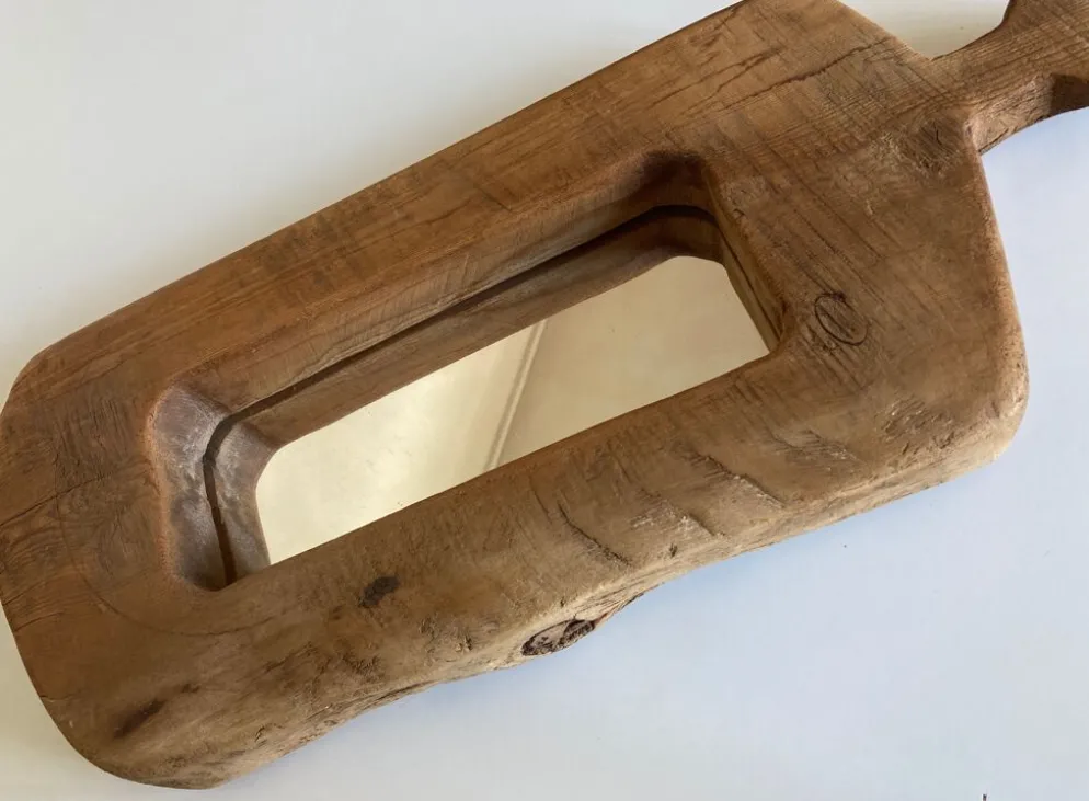Miroir forme cubiste en bois brut Formentera 1970