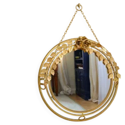 Miroir lumineux rond vintage en métal doré à décor de roses