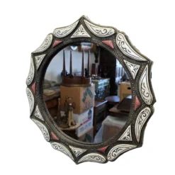 Miroir marocain vintage en laiton et os, années 1980