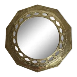 Miroir marocain vintage en laiton martelé à décor ajouré, 22 cm
