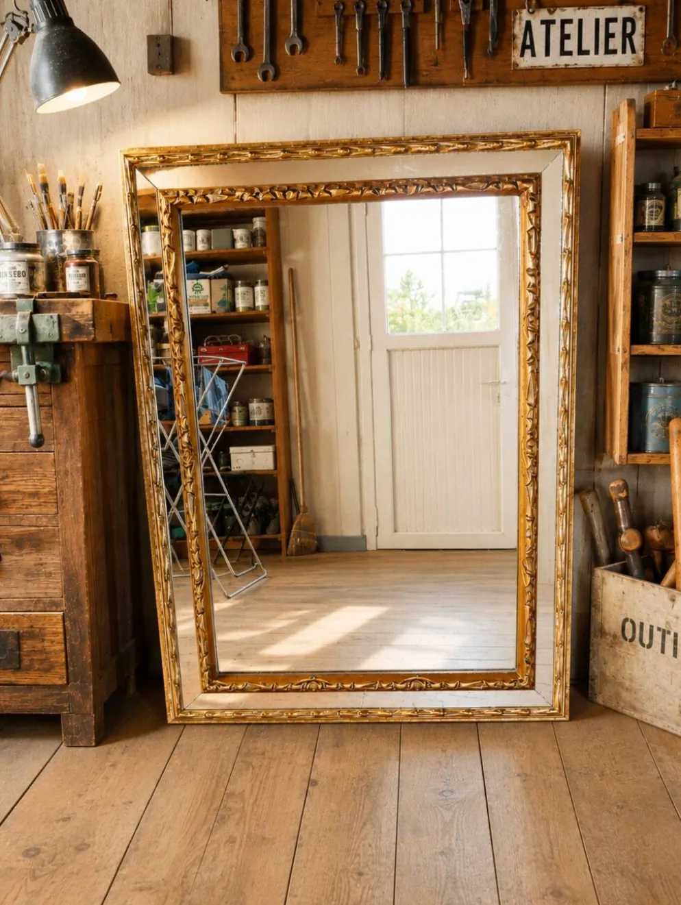 Miroir mural ancien en bois doré – glace Saint-Gobain
