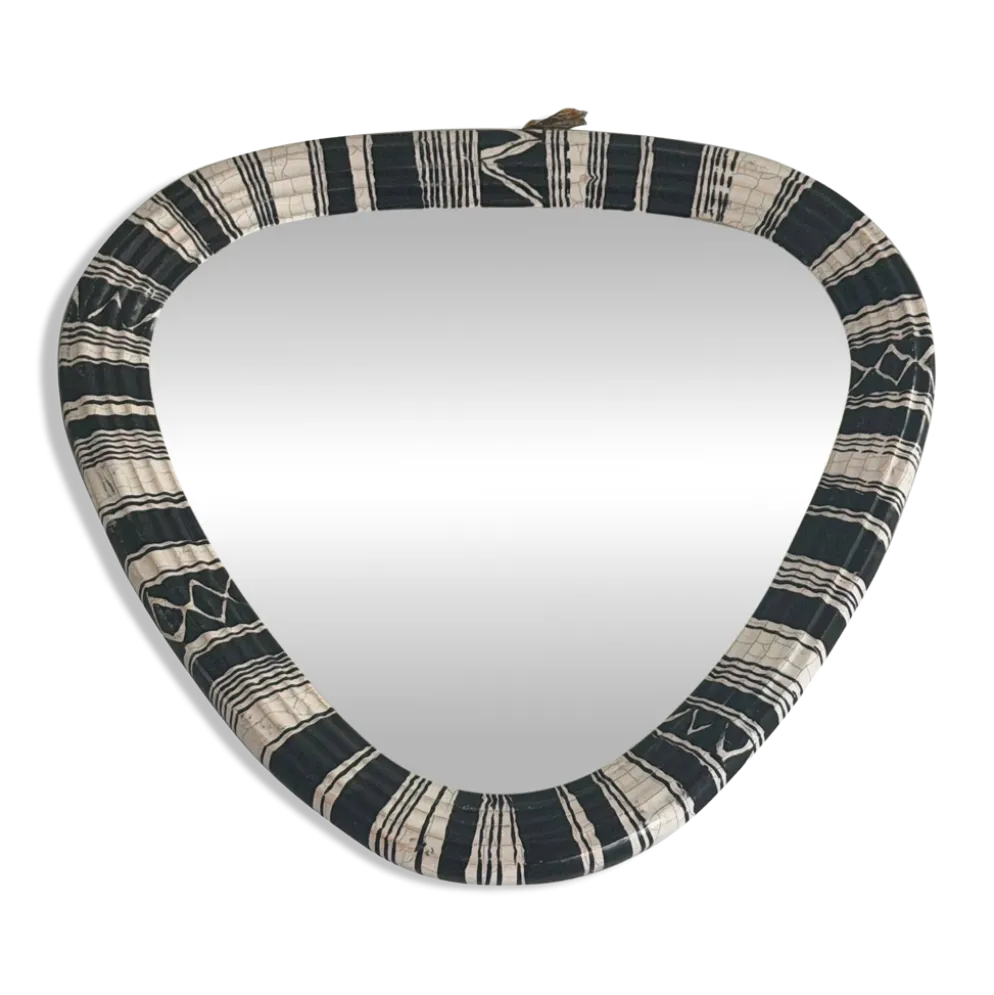 Miroir mural de petite taille, triangle rond en céramique noir et blanc, années 1950, Allemagne