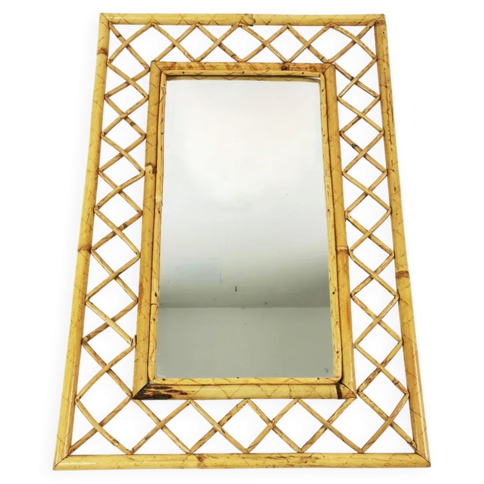 Miroir mural en bambou et rotin de style mid-century, Italie, années 1960
