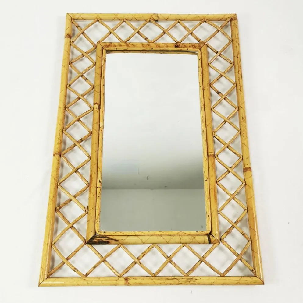 Miroir mural en bambou et rotin de style mid-century, Italie, années 1960