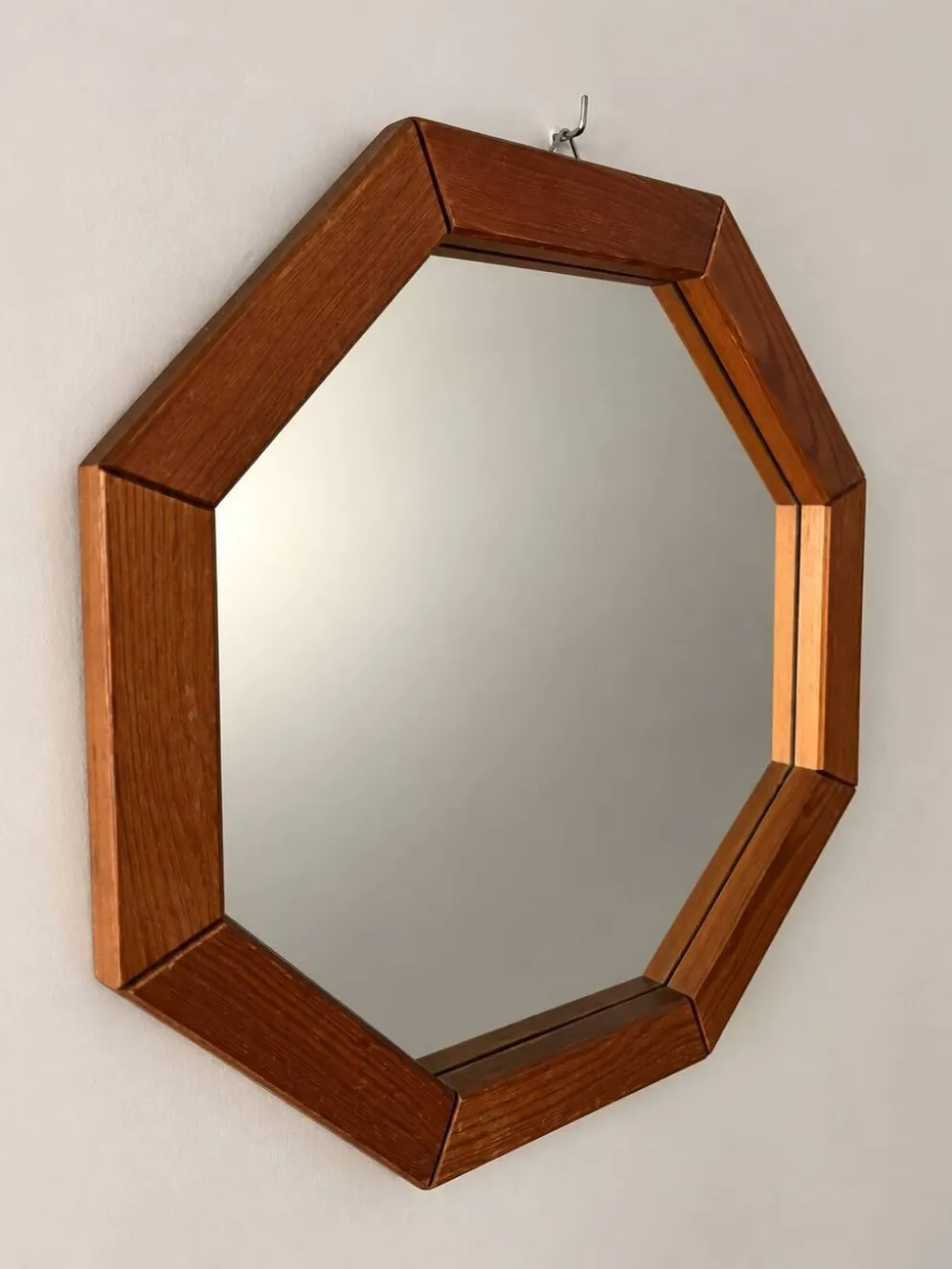 Miroir mural en bois octogonal vintage – design géométrique des années 1970