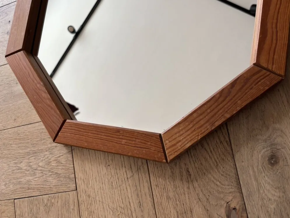 Miroir mural en bois octogonal vintage – design géométrique des années 1970