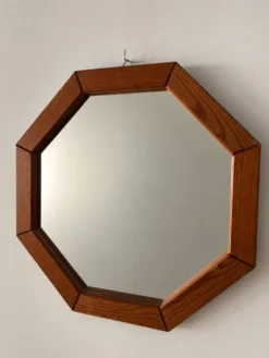 Miroir mural en bois octogonal vintage – design géométrique des années 1970