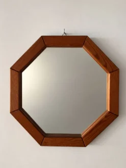 Miroir mural en bois octogonal vintage – design géométrique des années 1970