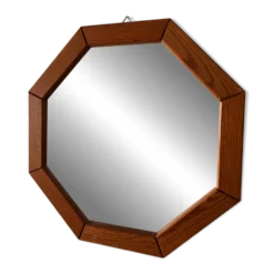 Miroir mural en bois octogonal vintage – design géométrique des années 1970