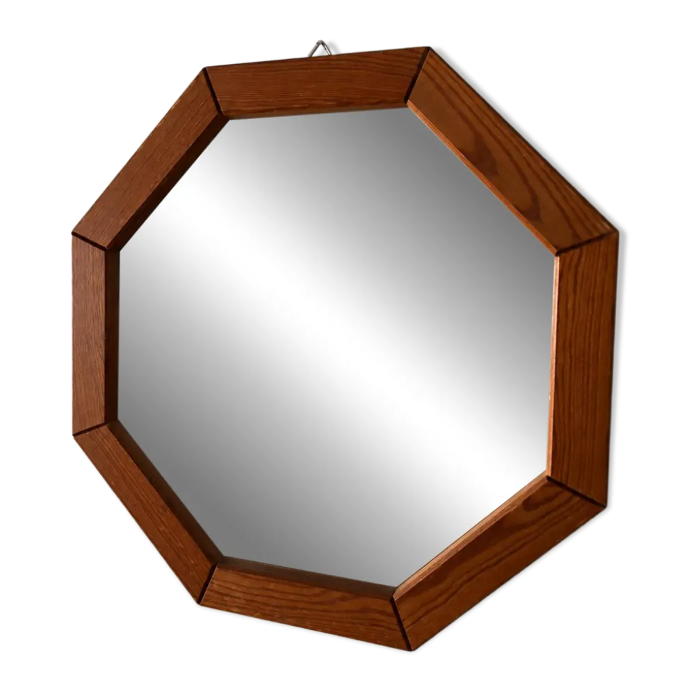 Miroir mural en bois octogonal vintage – design géométrique des années 1970