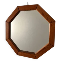 Miroir mural en bois octogonal vintage – design géométrique des années 1970