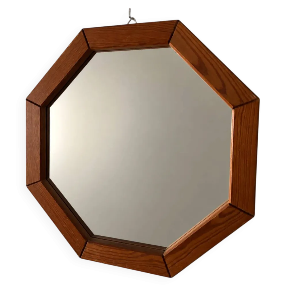 Miroir mural en bois octogonal vintage – design géométrique des années 1970