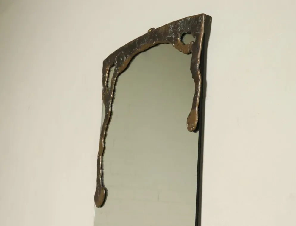 Miroir mural en bronze sculptural Lothar Klute avec étagère en verre des années 1990