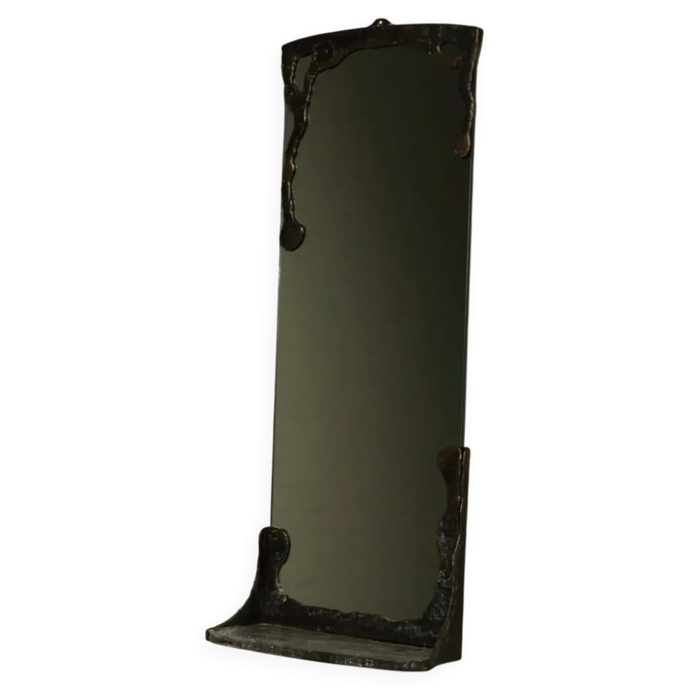 Miroir mural en bronze sculptural Lothar Klute avec étagère en verre des années 1990