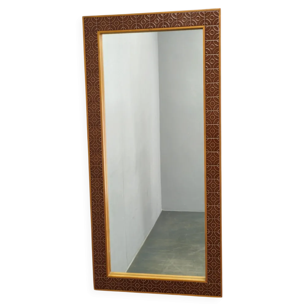 Miroir mural en pin danois et carrelage céramique, années 1960