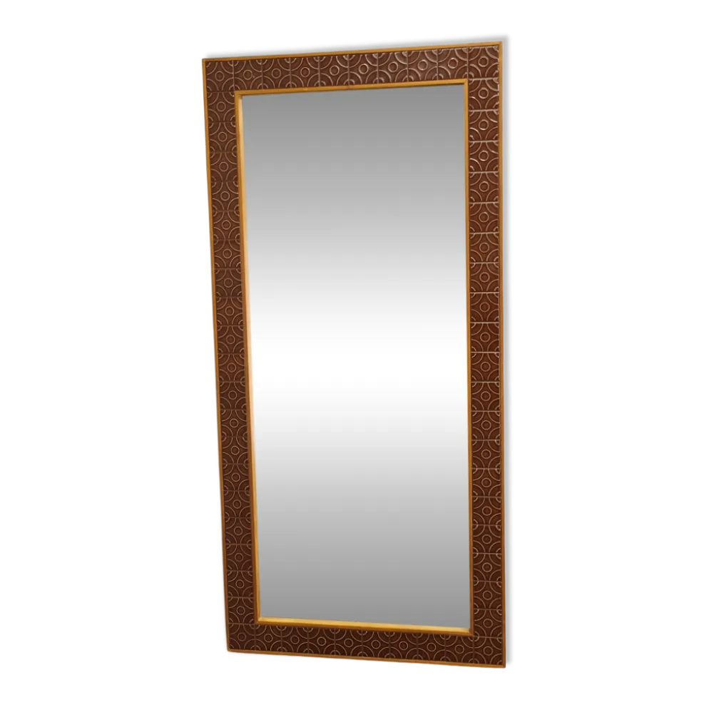 Miroir mural en pin danois et carrelage céramique, années 1960