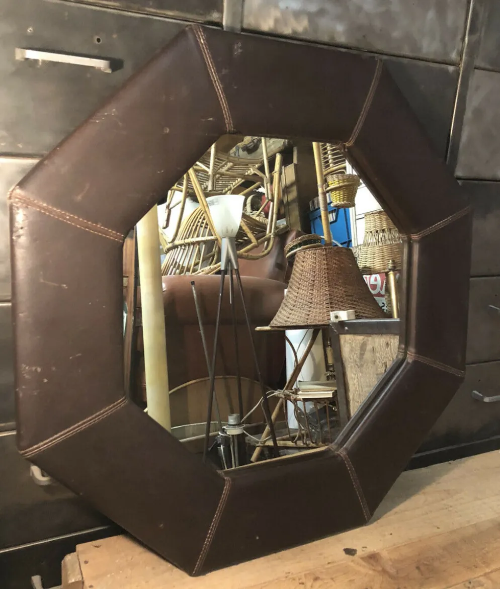 Miroir mural octogonal en cuir marron vintage 67,5x67,5 cm