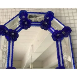 Miroir mural octogonal italien en verre de Murano vénitien avec motif floral bleu peint à la main