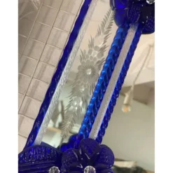 Miroir mural octogonal italien en verre de Murano vénitien avec motif floral bleu peint à la main