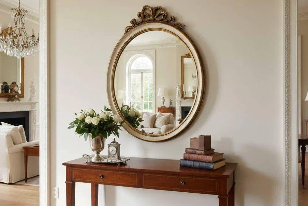 Miroir mural ovale baroque vintage à décor de noeud