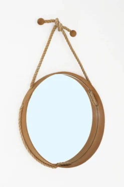 Miroir mural rond du milieu du siècle / hêtre / sisal / design danois moderne / années 1970