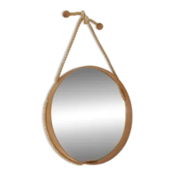 Miroir mural rond du milieu du siècle / hêtre / sisal / design danois moderne / années 1970