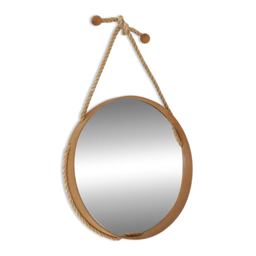 Miroir mural rond du milieu du siècle / hêtre / sisal / design danois moderne / années 1970