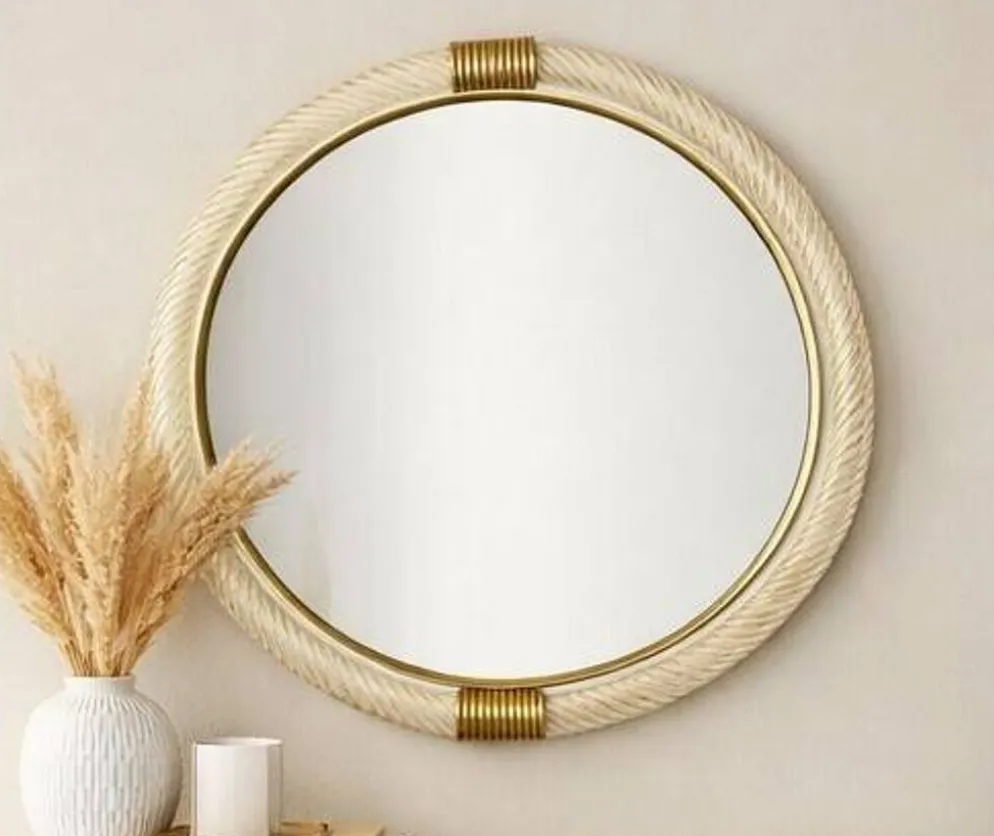 Miroir mural rond en verre de Murano « Torciglione » doré