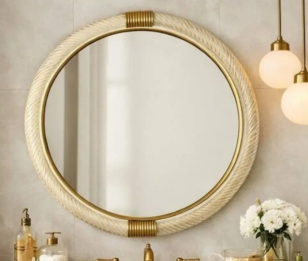 Miroir mural rond en verre de Murano « Torciglione » doré