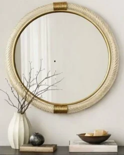 Miroir mural rond en verre de Murano « Torciglione » doré