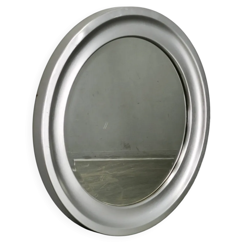 Miroir mural rond italien des années 1970 avec cadre argenté