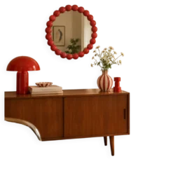 Miroir mural rond perles rouges style design vintage rétro
