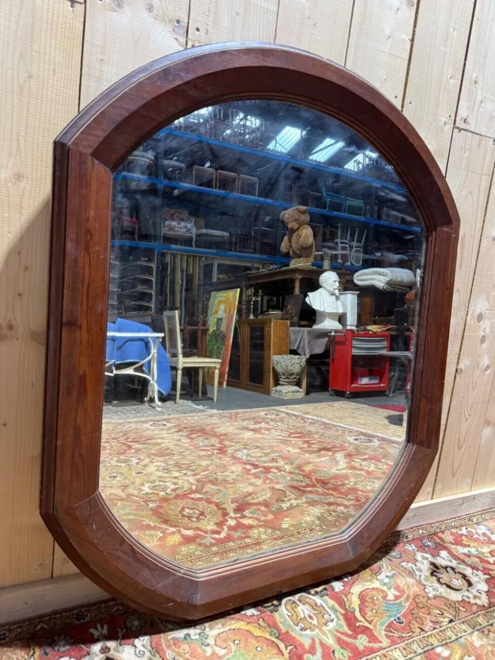 Miroir octogonal biseauté – Époque 1900 – Cadre bois teinté acajou